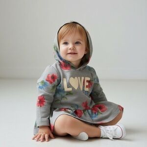 𝅺carter’s gray floral print hooded ruched hem long sleeves pullover girl 18 M